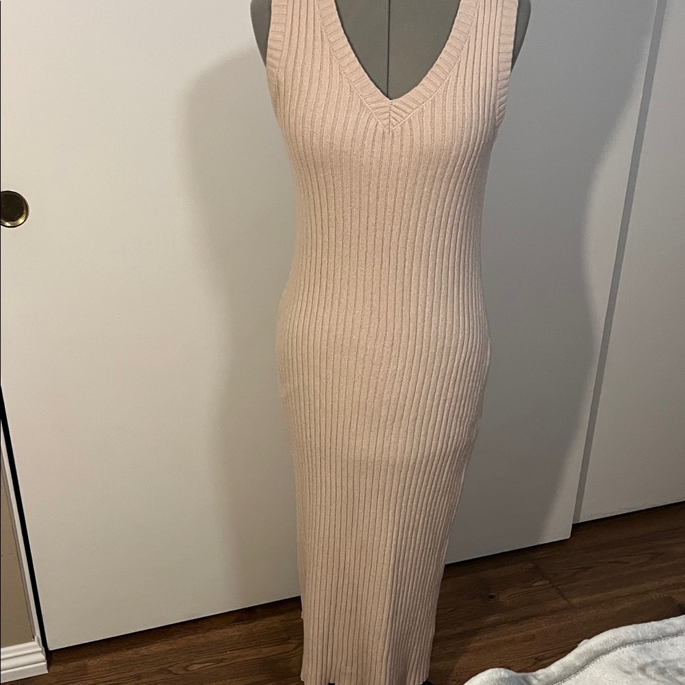 Nasty Gal Ribbed Knit Cream Midi Dress